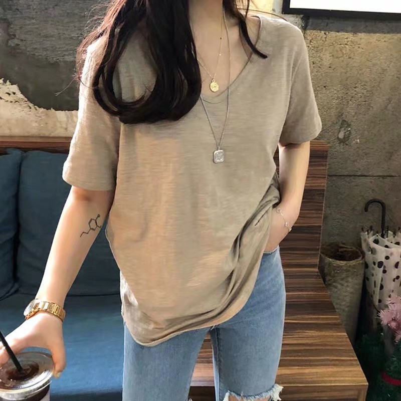 Áo phông trắng cotton nữ cổ V cộc tay đơn giản nhẹ nhàng