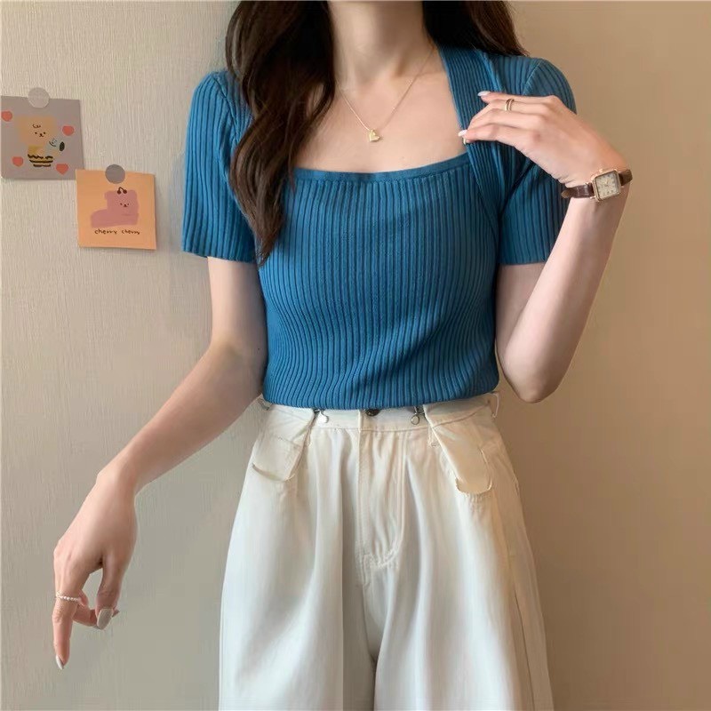 Áo len mỏng cổ vuông tay ngắn co dãn tốt bigsize