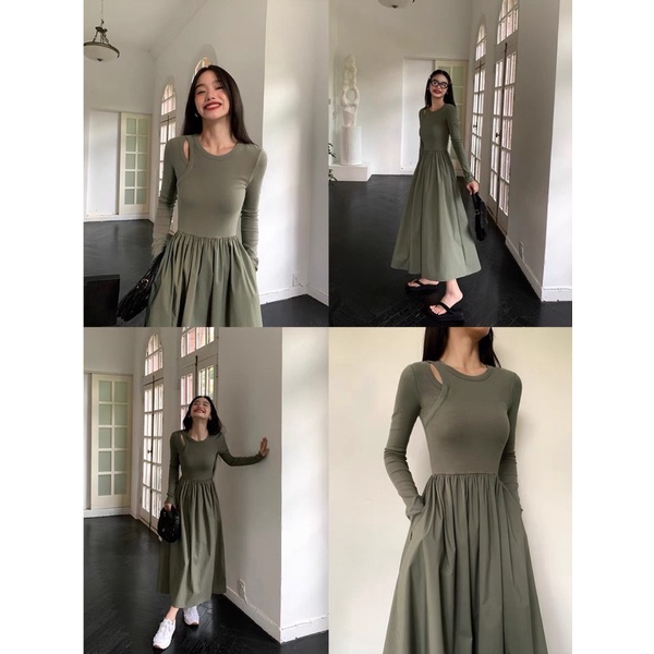 Đầm dài tay chân váy xoè cutout vai