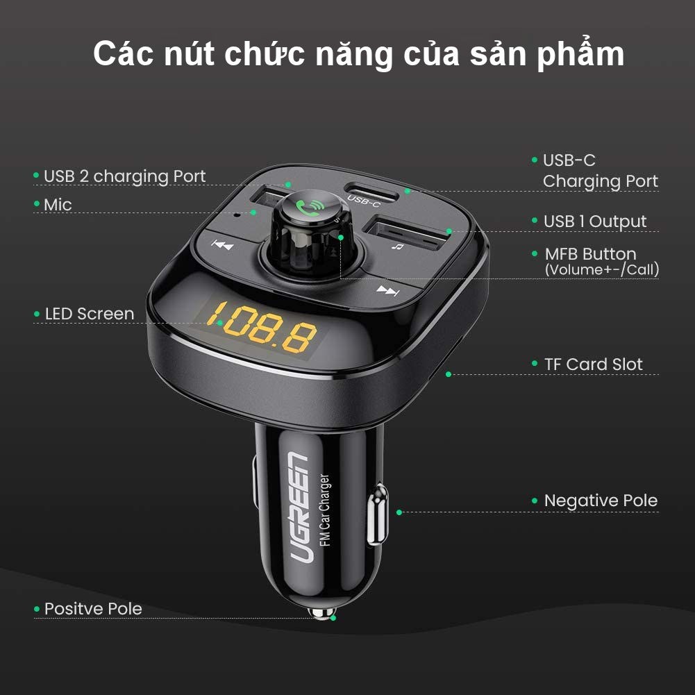 Sạc ô tô đa năng UGREEN ED040 70717 Phát FM, Bluetooth 5.0, sạc nhanh PD, cổng USB 2.0, đọc thẻ TF, có đèn LED