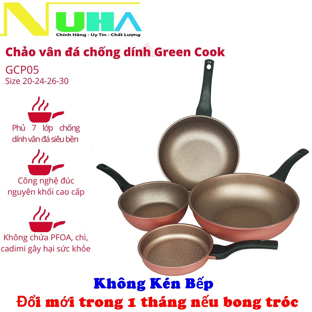 Chảo chống dính đúc vân đá đáy từ dày 7 lớp Green cook GCP05-Không Kén Bếp-Đổi Mới Nếu Lỗi