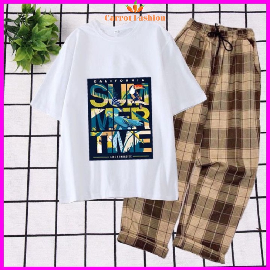 Hàng Loại 1: Set Đồ Nữ Đi Chơi Đi Học CARROT FASHION, Sét Đồ Bộ Nữ Cotton Áo Thun In SUMMER Mix Quần Ống Rộng Kẻ Caro