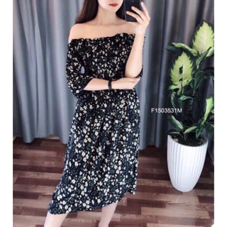 Đầm hoa rút ngực cổ bẹt vai