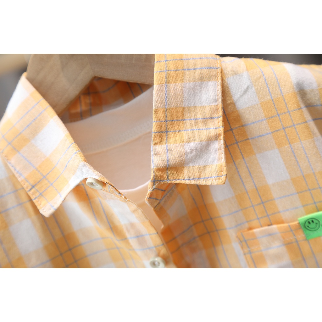 Set Áo Sơ Mi Tay Ngắn + Áo Ba Lỗ + Quần Short Cotton Họa Tiết Sọc Caro Thời Trang Mùa Hè Cho Bé Size 80-120cm