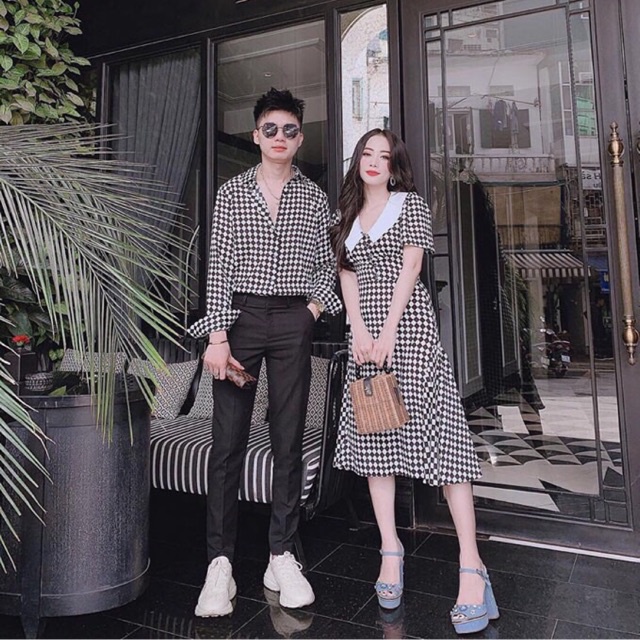 ◘✕✼Set áo váy đôi nam nữ, cặp caro đen trắng to cổ phối bèo dễ thương Forever Couple Store ( có ảnh thật)