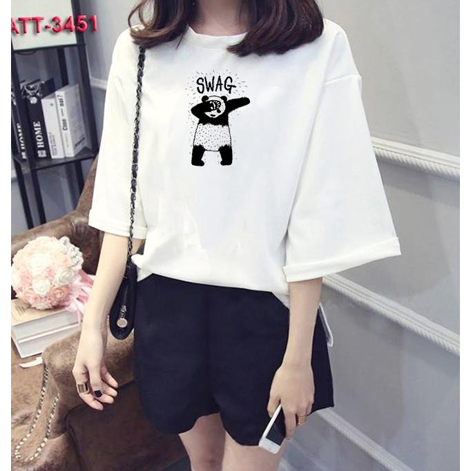 Áo thun nữ tay lỡ Hàn Quốc form rộng in hình gấu trức swag vải dày mịn TEEWOTL87