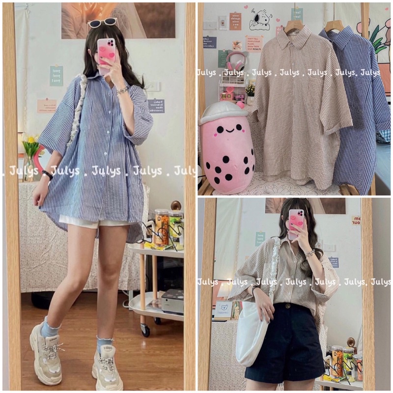 [SIEU SALE] Sơ mi kẻ tay lỡ cổ sơ mi 2 màu be-xanh (hàng có sẵn)