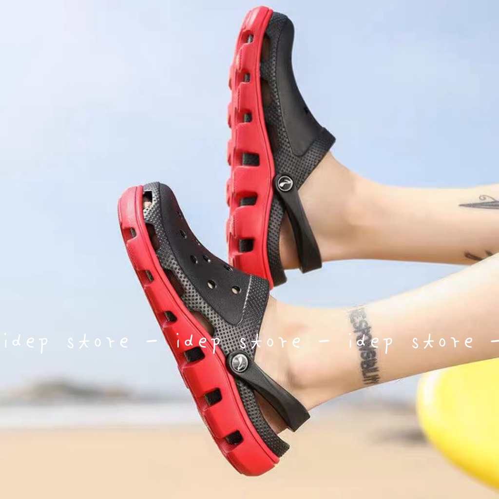 Dép Cross cá sấu màu ĐEN ĐỎ unisex- Giày sục bít mũi Nam Nữ duet HQ đi mưa siêu nhẹ- SL013