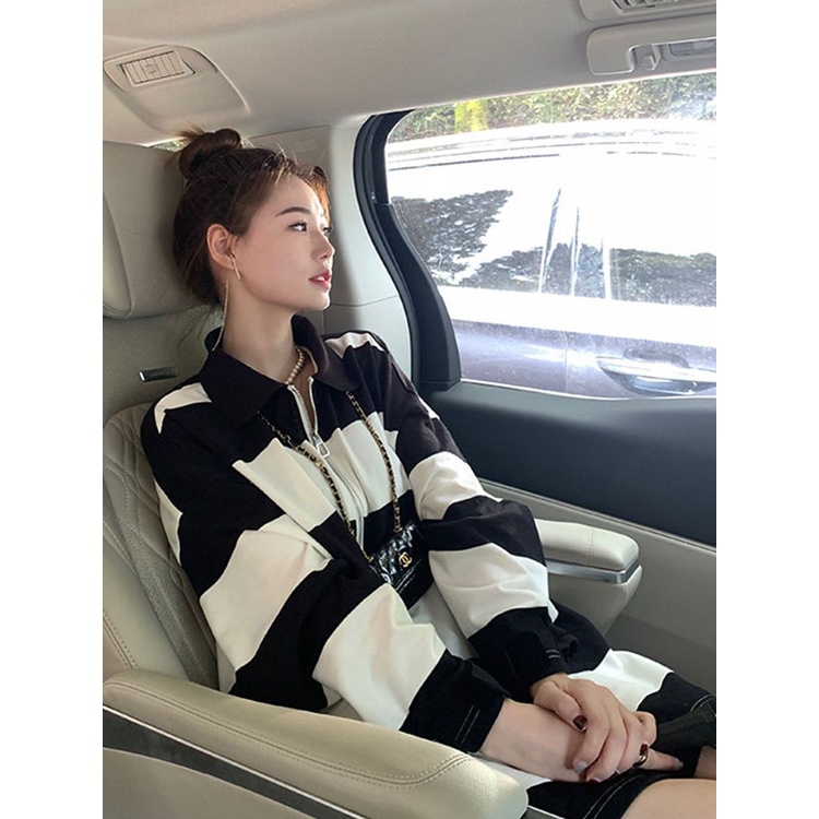 Áo Sweater Cổ polo Dáng Rộng Kẻ Sọc Kiểu Hàn Quốc Thời Trang Cho Nam Và Nữ