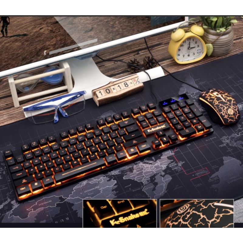 Bàn phím kèm chuột chuyên gaming km 320 full led vàng lửa mạnh mẽ.