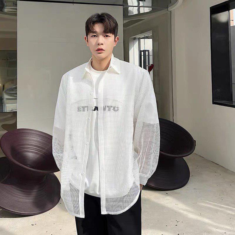 Sơ mi lưới nam tay dài cao cấp xuyên thấu sexy - Trắng