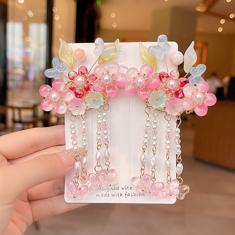 1 Cặp Trâm Cài Tóc Hán Phục Màu Đỏ / Hồng / Tím Phong Cách Trung Hoa Cổ Điển Cho Bé Gái