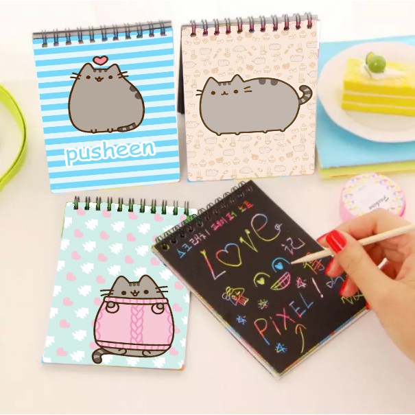 Sổ cào vẽ pusheen giấy đen SC16 14cm *10 cm sổ cào cute dễ thương