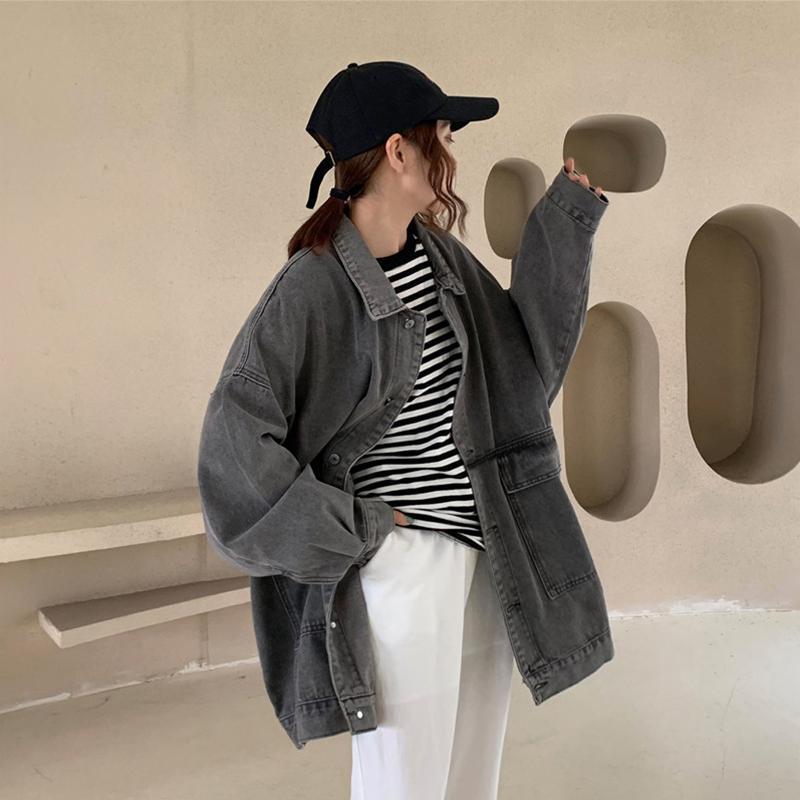 Áo khoác denim tay dài thiết kế đơn giản phong cách thoải mái cho nữ
