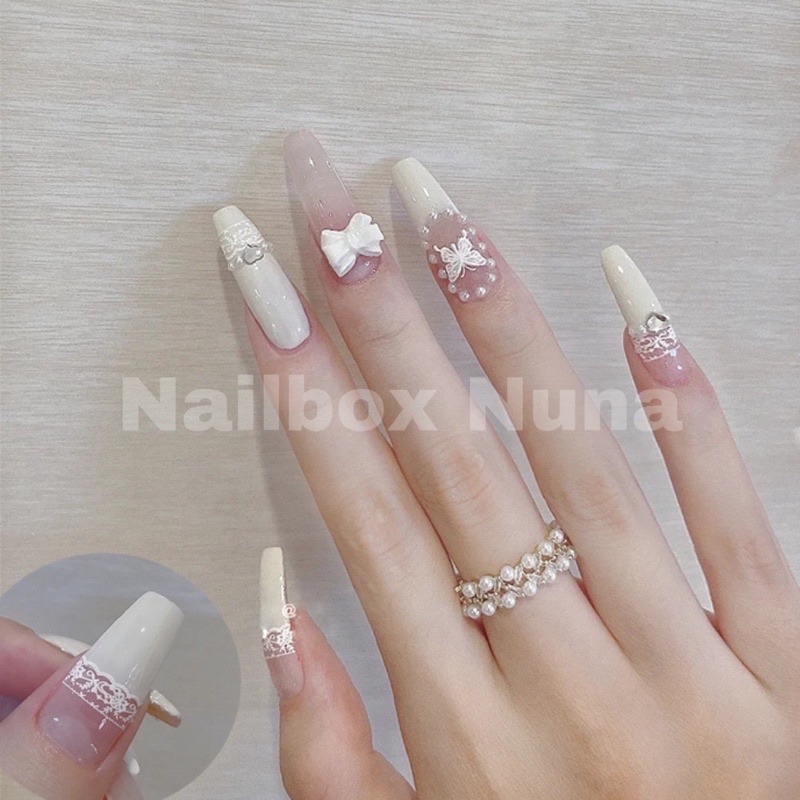 Nailbox Nuna móng úp thiết kế móng tay tiểu thư nơ ren trắng nhẹ nhàng sang trọng nhu mì