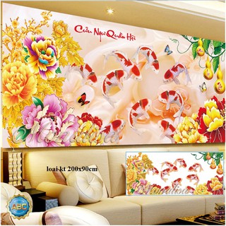 tranh đính đá cá chép hoa mẫu đơn cửu ngư quần hội kt 200x90cm