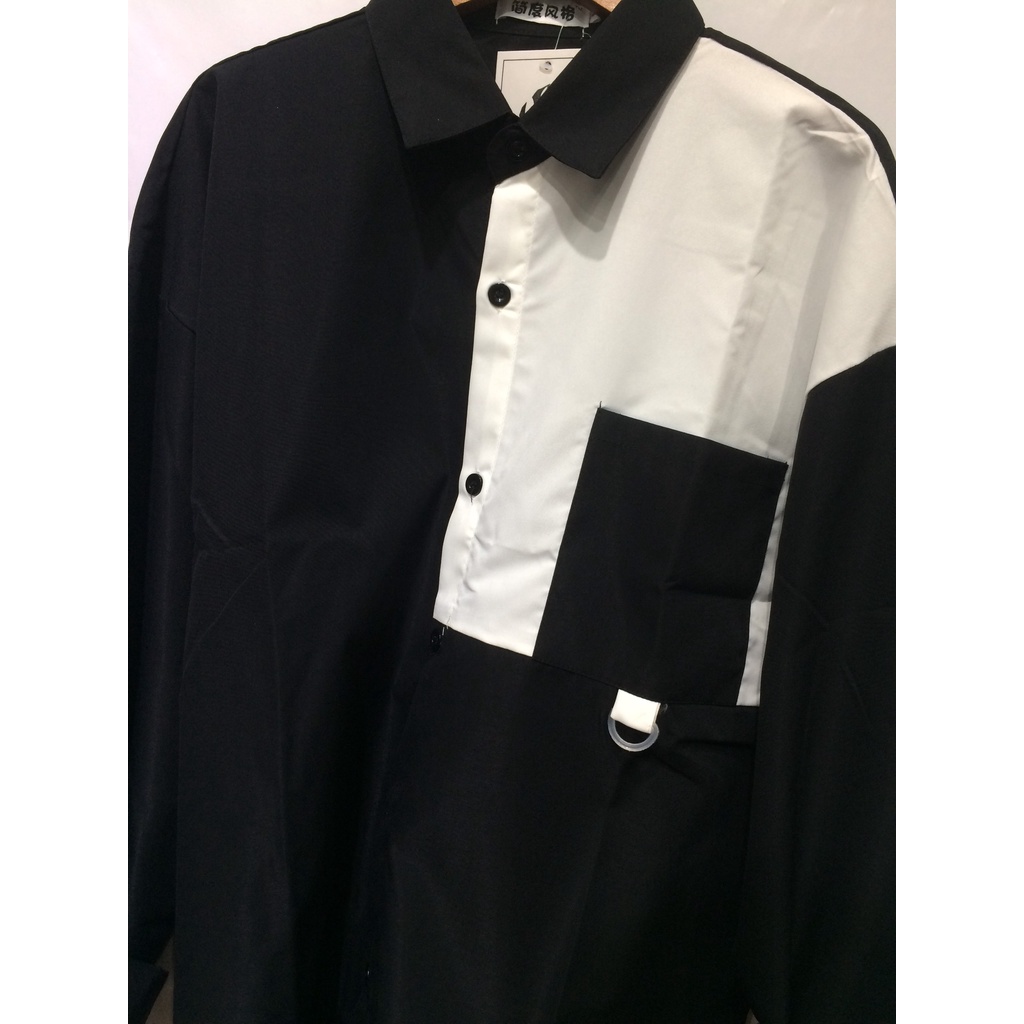 Áo Sơ Mi Dài Tay Phối Vai Màu Đen Trắng Kiểu Dáng Basic Đơn Giản