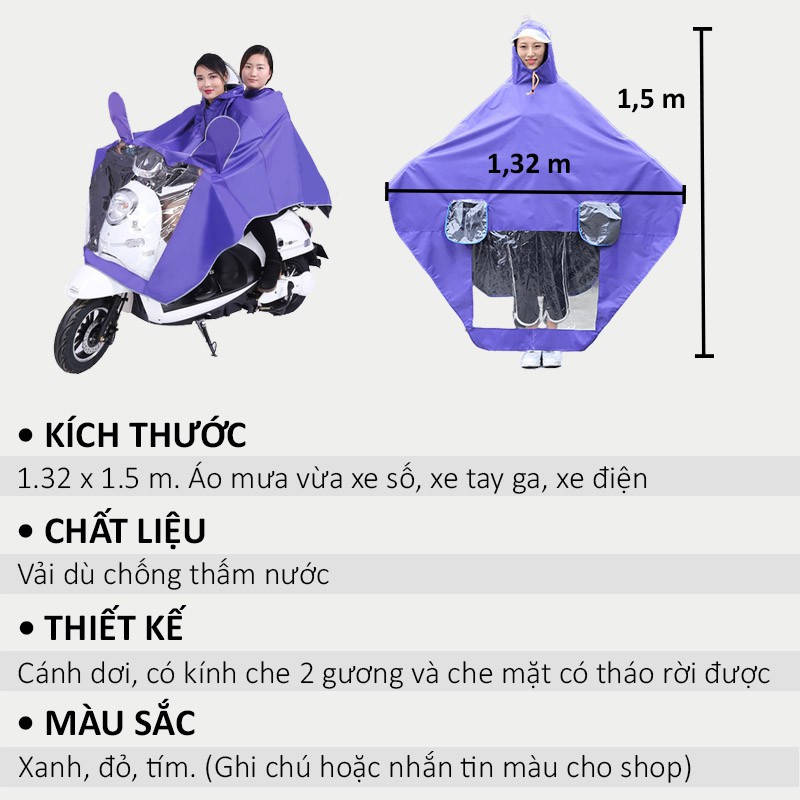 Áo Mưa 2 Đầu Cánh Dơi Có Kính Chắn Nước Che Mặt Trùm Gương Đôi Phản Quang Vải Dù Cao Cấp Thời Trang Nam Nữ Chống Thấm