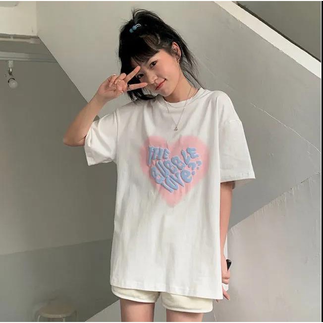 100% cotton Áo thun tay ngắn dáng rộng in hình trái tim phong cách hàn quốc đáng yêu thời trang mùa hè mới cho nữ 2023