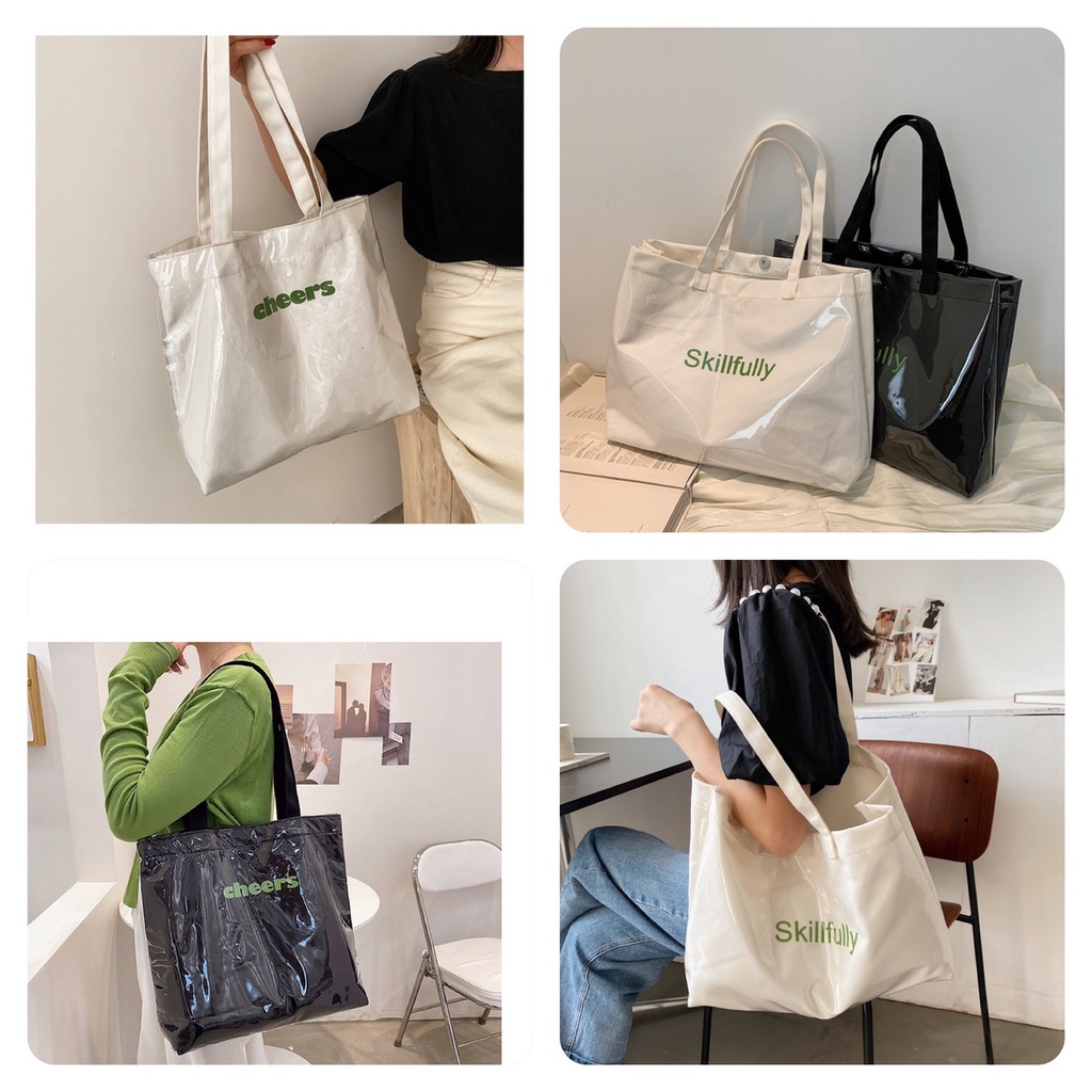 Túi tote túi vải canvas CHEERS đeo vai bóng kính chống nước phong cách Hàn quốc 2 màu đen trắng-Haka store