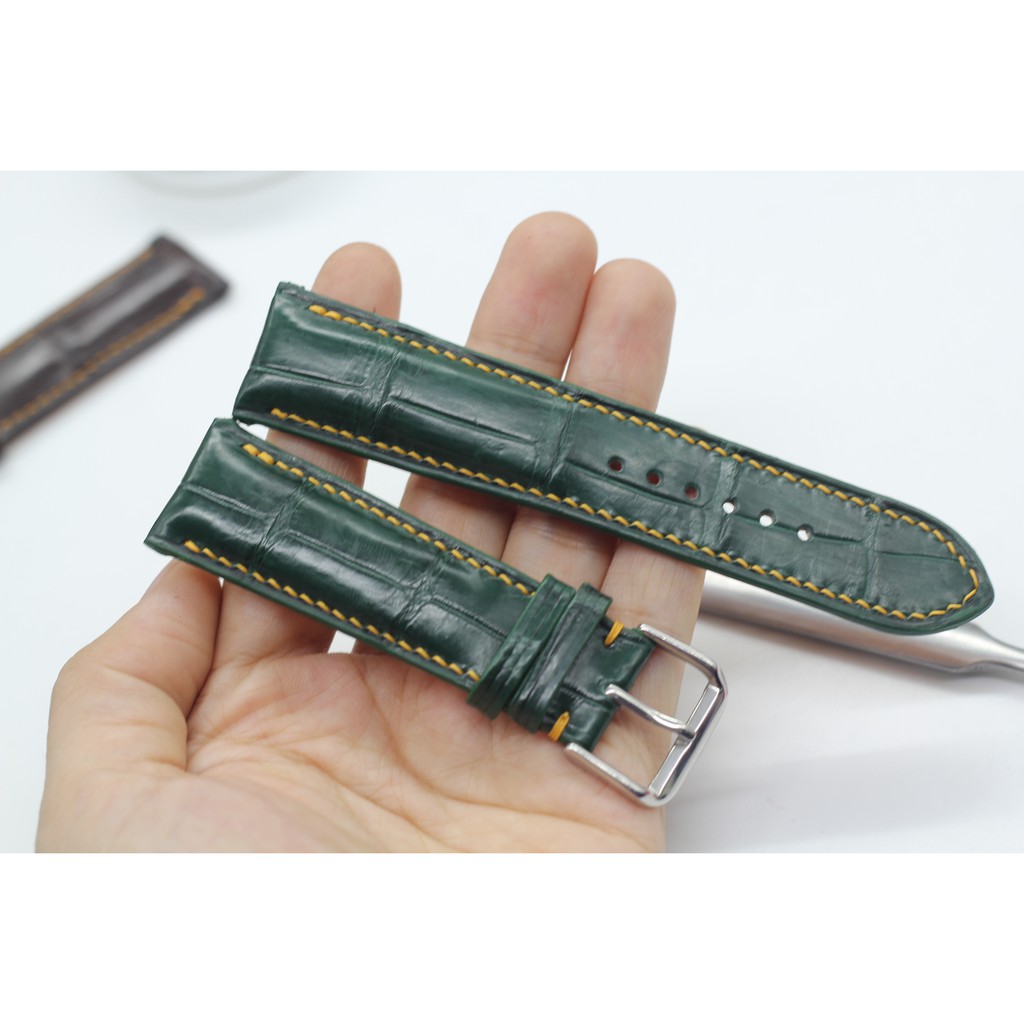 Dây Đồng Hồ Da,Dây Da Cá Sấu May Tay Kèm Khóa Kim,Nâu+Xanh Lá,BH 6 Tháng, Tặng Tool Tháo Và Chốt