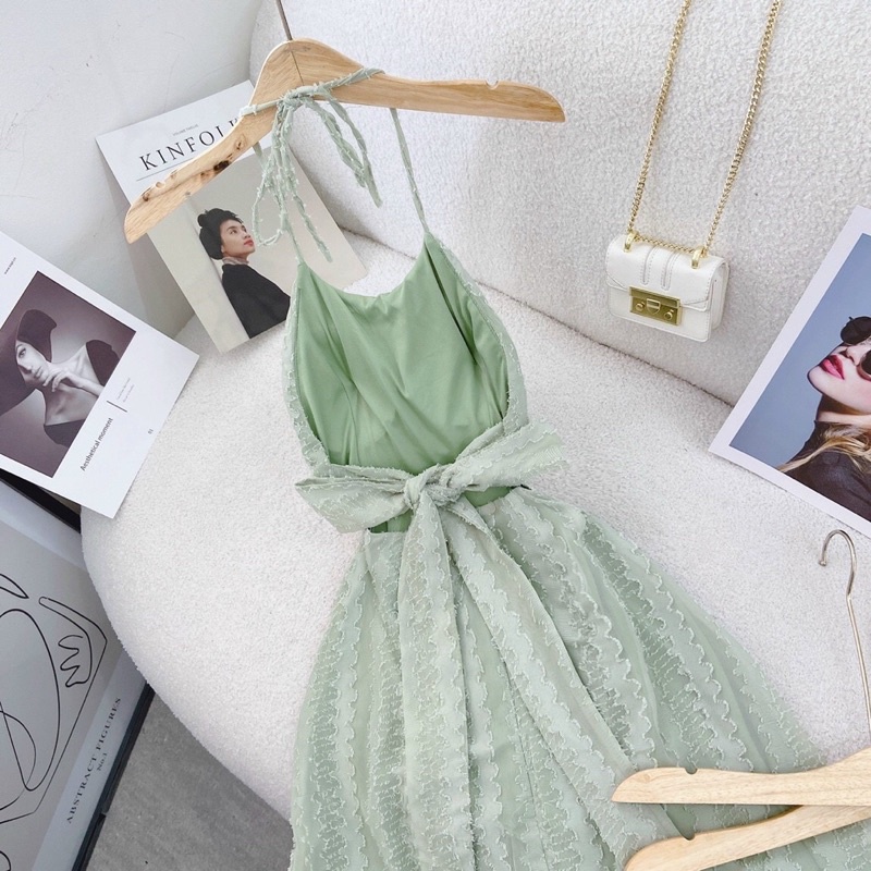 Đầm maxi yếm đi biển du lịch đi tiệc hai màu trải sàn