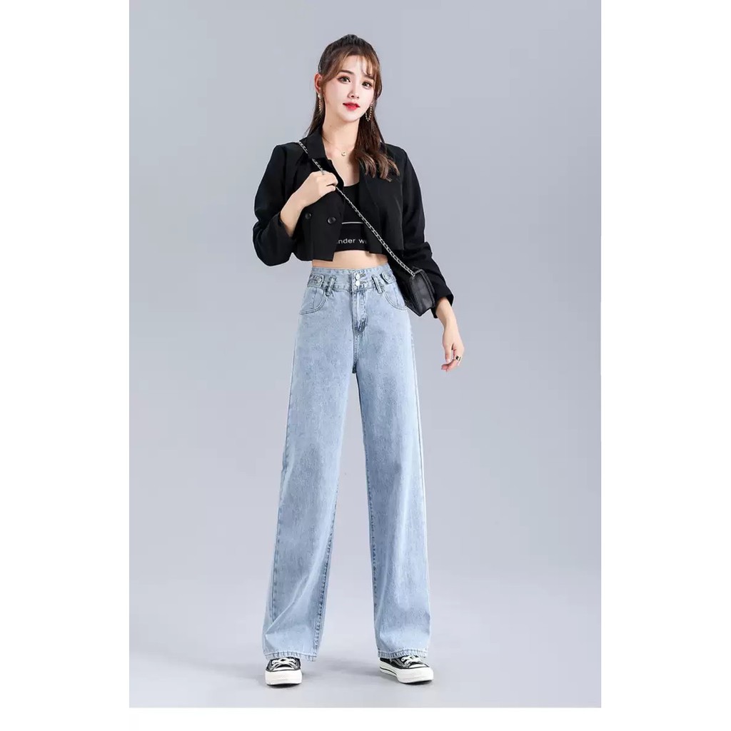 [ MƠN MỞN ] QUẦN JEAN ỐNG RỘNG NỮ LƯNG CAO 2 NÚT 2 ĐAI MÀU XANH NHẠT LAI CUỐN FORM DÀI RỘNG CAO CẤP BABO HOT CỰC HOT