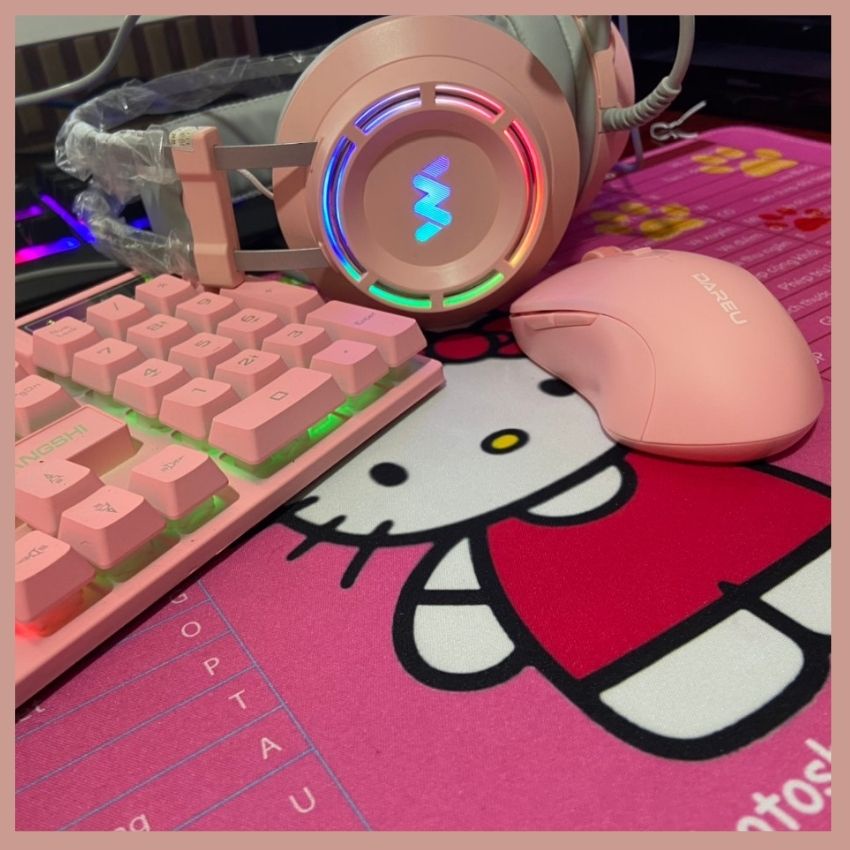 Combo Phím Giả Cơ + Chuột Không Dây Dareu + Tai Nghe Gaming Chính Hãng + Bàn di 30*80 - Full Màu Hồng