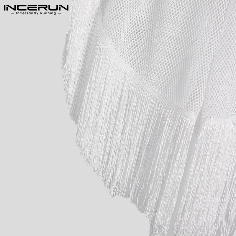 Quần short Incerun màu trắng phối tua rua thiết kế xuyên thấu thoáng khí thời trang cho nam