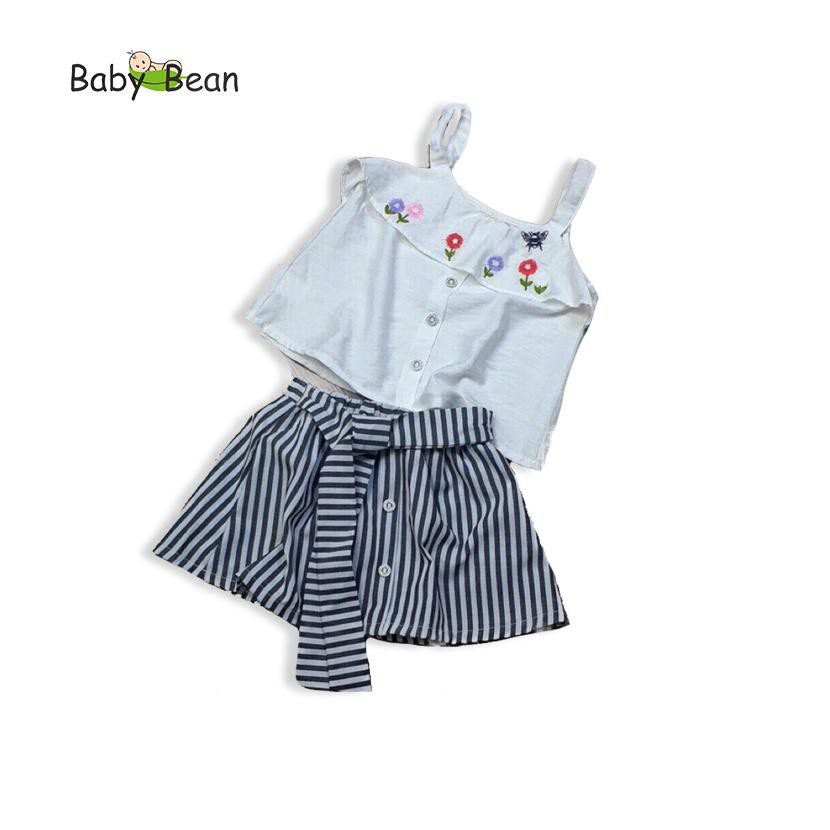 Bộ Váy Sọc Áo Đũi Tơ phối Bèo thêu Hoa bé gái BabyBean