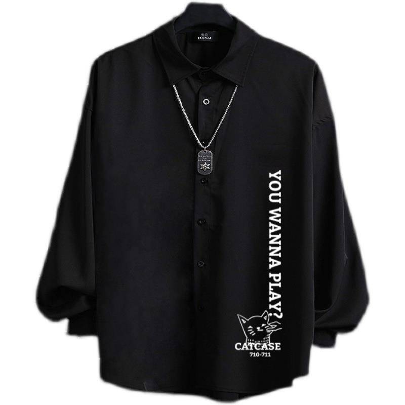 Hàng Có Sẵn Áo Sơ Mi Tay Dài In Hình Mèo Phối Nhung Dày Dặn Ấm Áp Thời Trang Thu Đông Phong Cách Nhật Bản Cho Nam