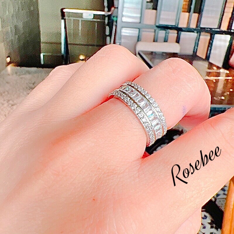 Nhẫn nữ đính xoàn Baguette mạ bạch kim Italy sang trọng, thanh lịch