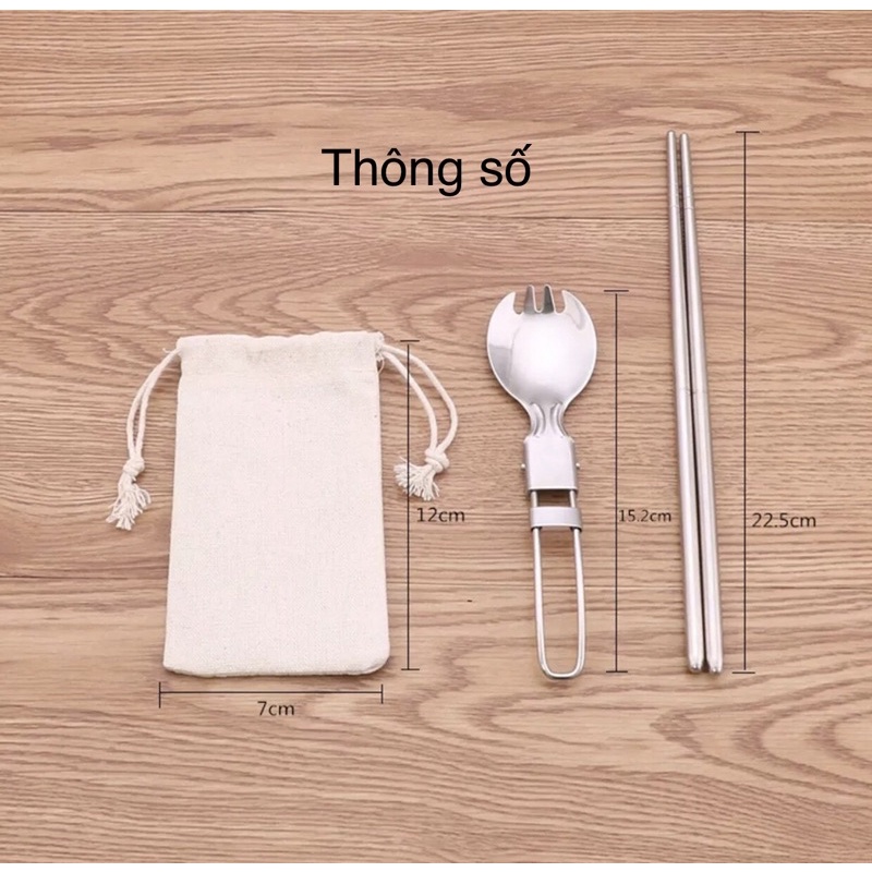 Bộ dao thìa dĩa đũa kèm túi vải dây rút cho du lịch dã ngoại