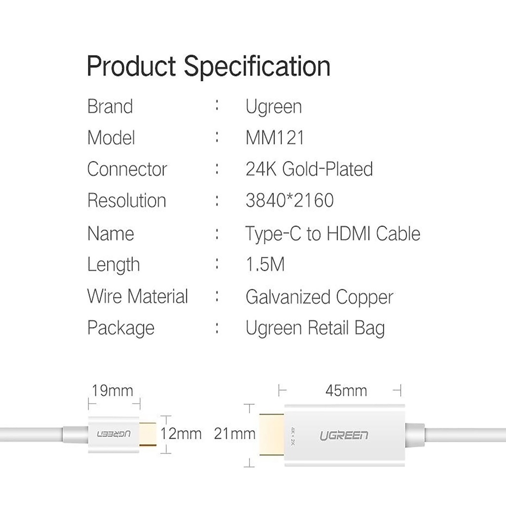 Cáp USB Type C to HDMI dài 1.5M hỗ trợ 4K x 2K UGREEN 30841