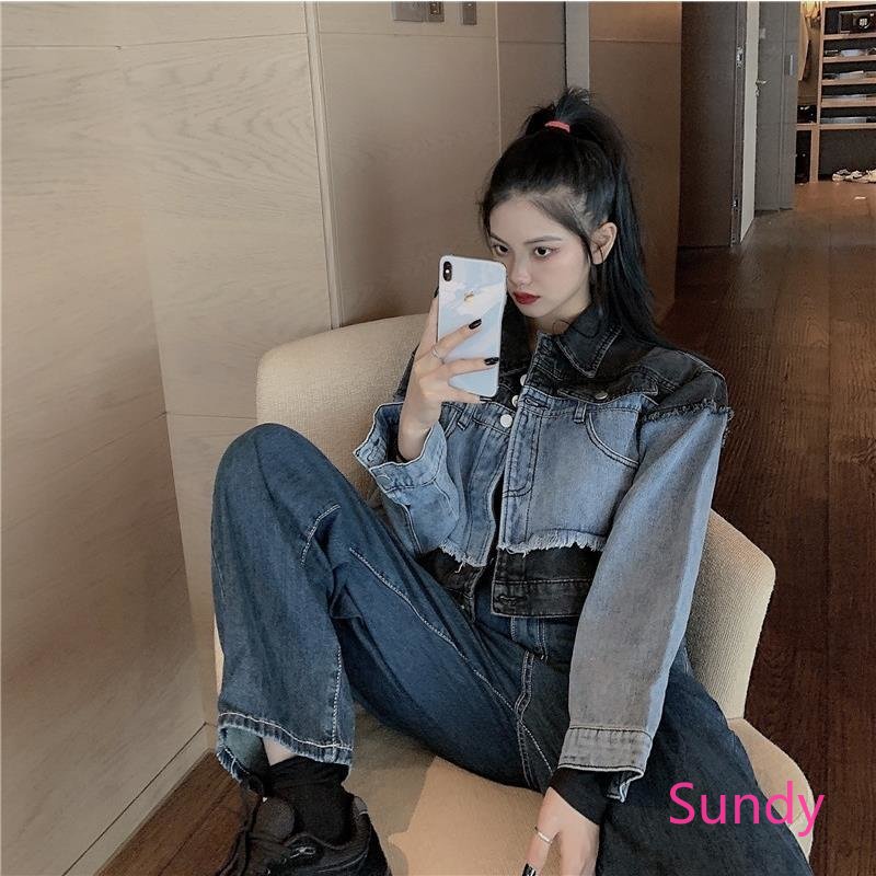 Áo Khoác Denim Tay Dài Dáng Rộng Màu Sắc Vintage Dành Cho Nữ