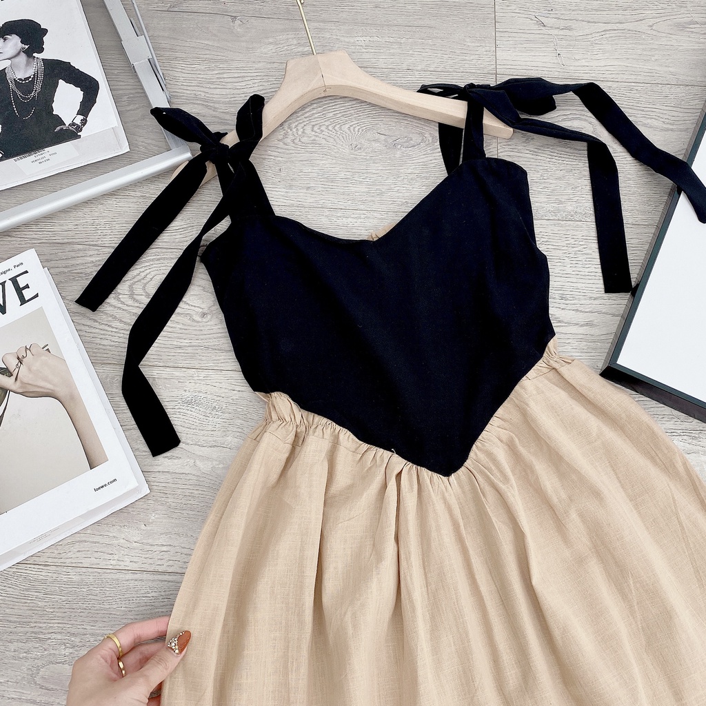 💃 Đầm Maxi 2 Dây Nữ Thân Phối Màu Trái Tim Lưng Thun Dáng Dài Vải Đũi