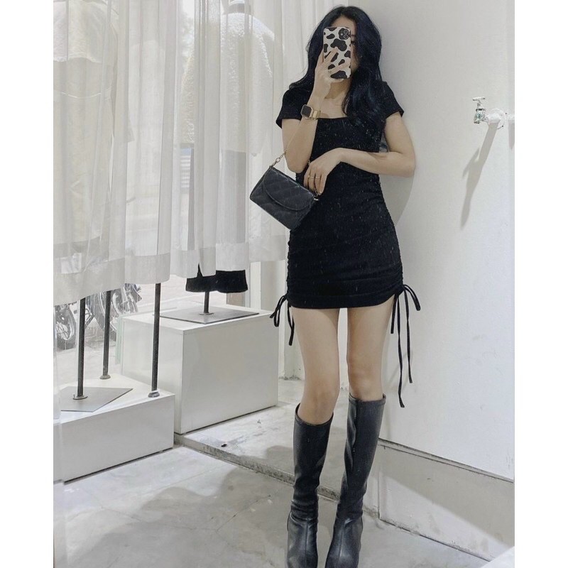 Đầm Ôm Body Cổ Vuông Rút Dây Hông Ulzzang