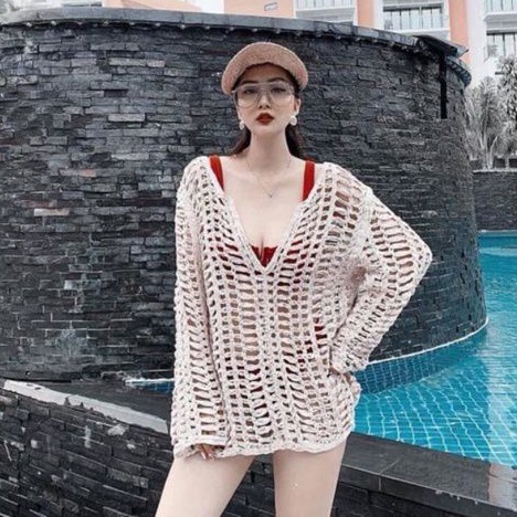 [HÀNG MỸ SĂN SALE] Áo ren xuyên thấu ADRIENNE VITTADINI cổ tròn tay dài thêu hoa màu be | BigBuy360 - bigbuy360.vn