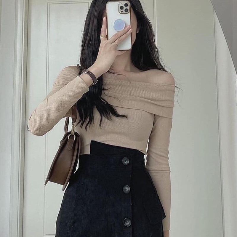 Áo Len Tăm Trễ Vai Dài Tay Áo Kiểu Bẹt Vai Chất Len Tăm Đẹp - Titifa Shop