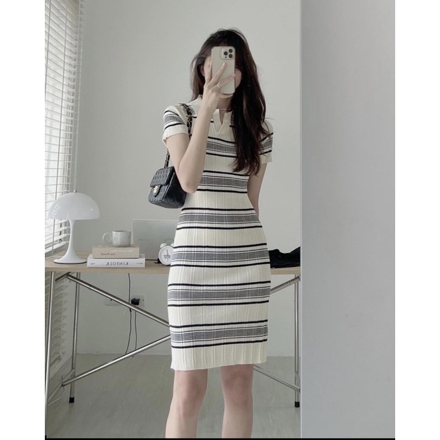 ĐẦM LEN DỆT KIM DÁNG SUÔNG KẺ NGANG