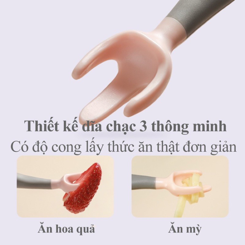 Thìa dĩa nĩa 3 xiên tập xúc bẻ cong cho bé ăn dặm dễ dàng tiện lợi