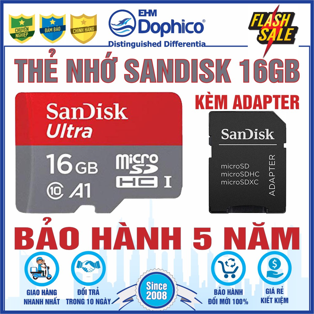 Thẻ nhớ SanDisk 16GB – SanDisk Ultra MicroSD – CHÍNH HÃNG – Bảo hành 5 năm – Kèm Adapter