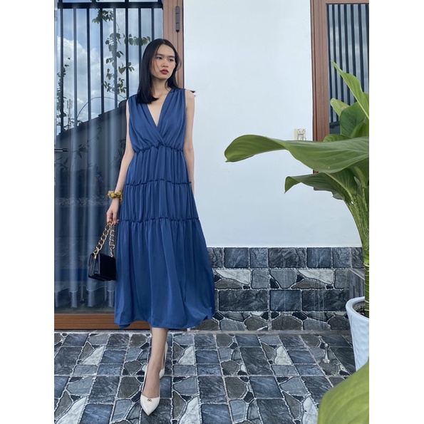Đầm nữ xòe - váy nữ xếp tầng nhún cổ đắp chéo