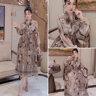 [Mã FATHANG5 giảm 10K đơn 50K] V047 Váy Dự Tiệc Dáng Dài pha Cổ Nơ , Đầm Hoạ Tiết Dài Tay , Chân Váy Dập Ly Cao Cấp