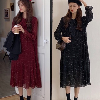 [Có sẵn/Có hình thật] Váy maxi chấm bi bánh bèo cổ nơ. Maxi voan hoa nhí xếp li  vintage
