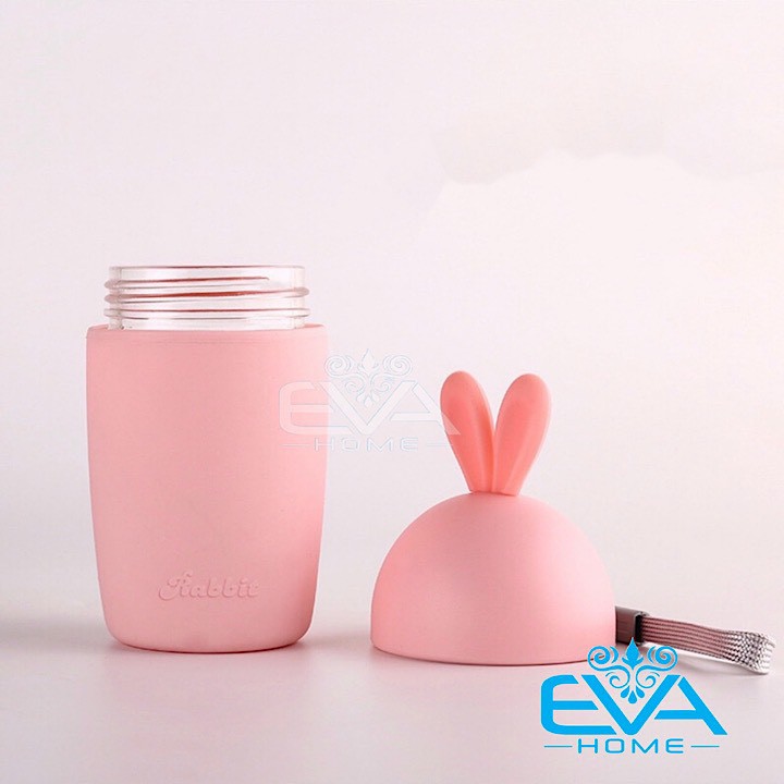 Bình Nước Thủy Tinh Bọc Silicone Hình Cà Rốt Và Tai Thỏ Cute Kèm Dây Xách 400ml