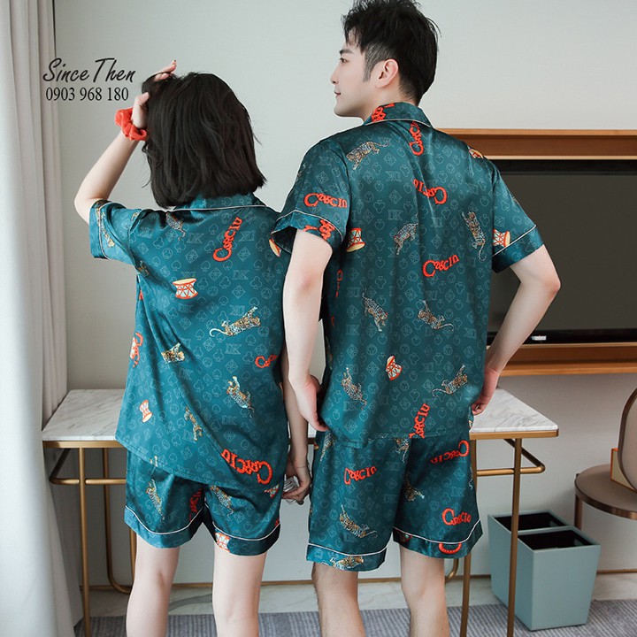 Pijama đôi nam nữ lụa ngắn màu xanh mát mẻ mùa hè, quà cưới ý nghĩa, hàng có sẵn - Since Then