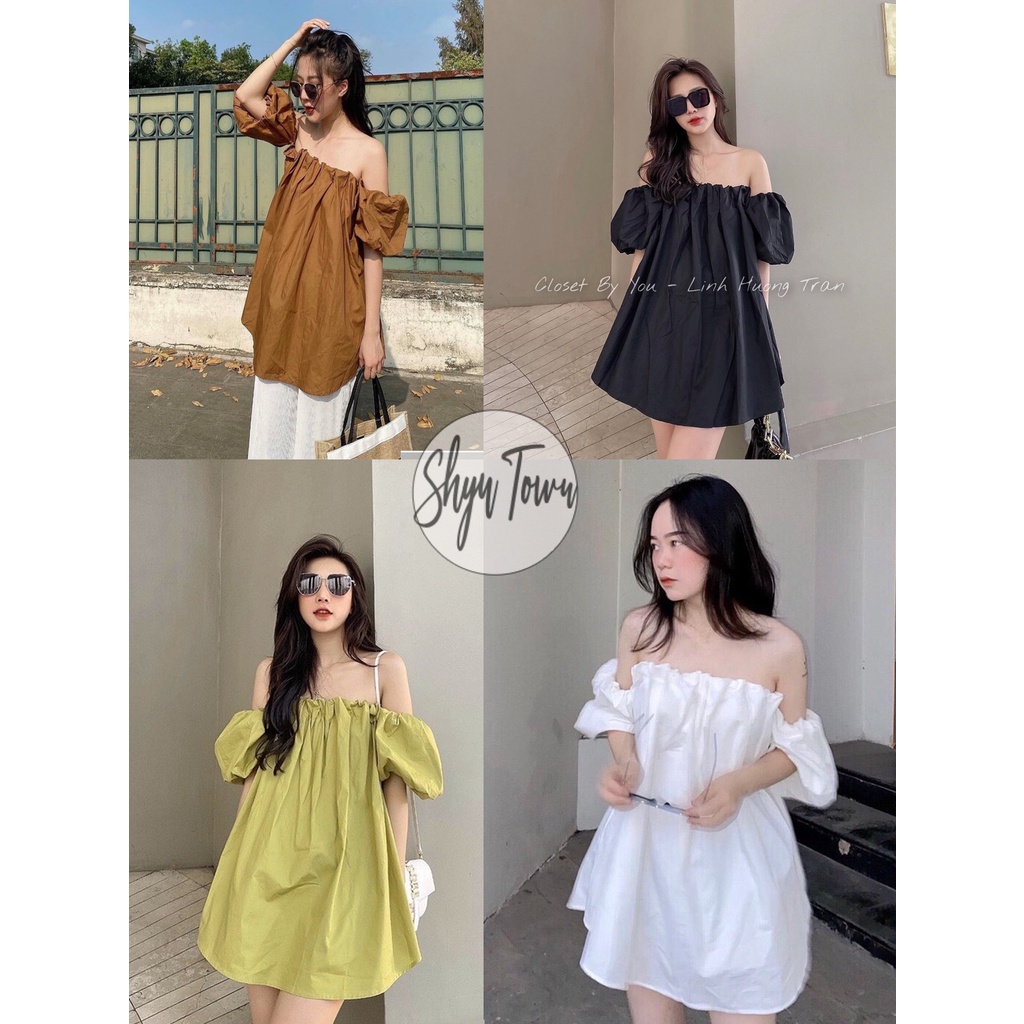 Áo trễ vai tay phồng xếp ly ngực, Áo hở vai giấu quần tay phồng xinh xắn