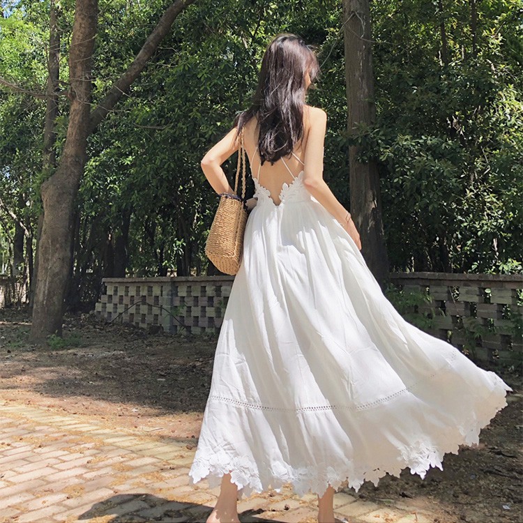 Váy maxi trắng vintage đan dây lưng - MS028 (Có ảnh thật)