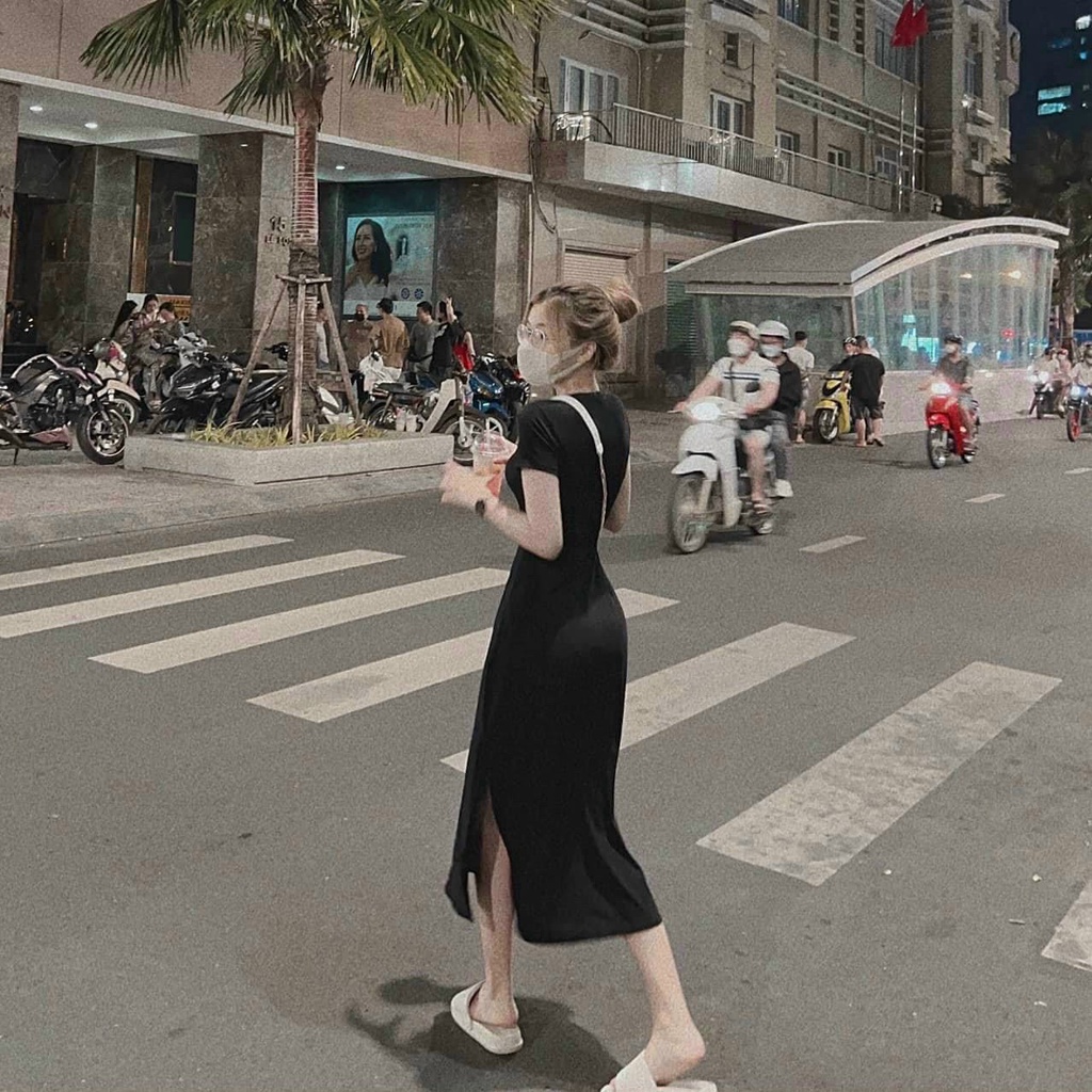 Đầm thun bico cổ tròn tay dài dáng xòe xẻ tà cực hot , chất thun mềm mịn co giãn